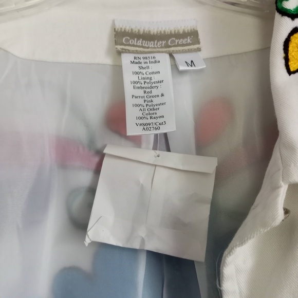 Coldwater Creek Embroidered Jacket Tropical Floral White Cotton Denim Buttons M - Picture 7 of 8
